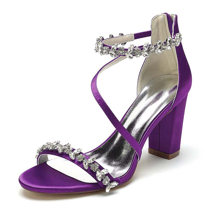 Elegant purple chunky heel sandals for event with sparkling rhinestone straps