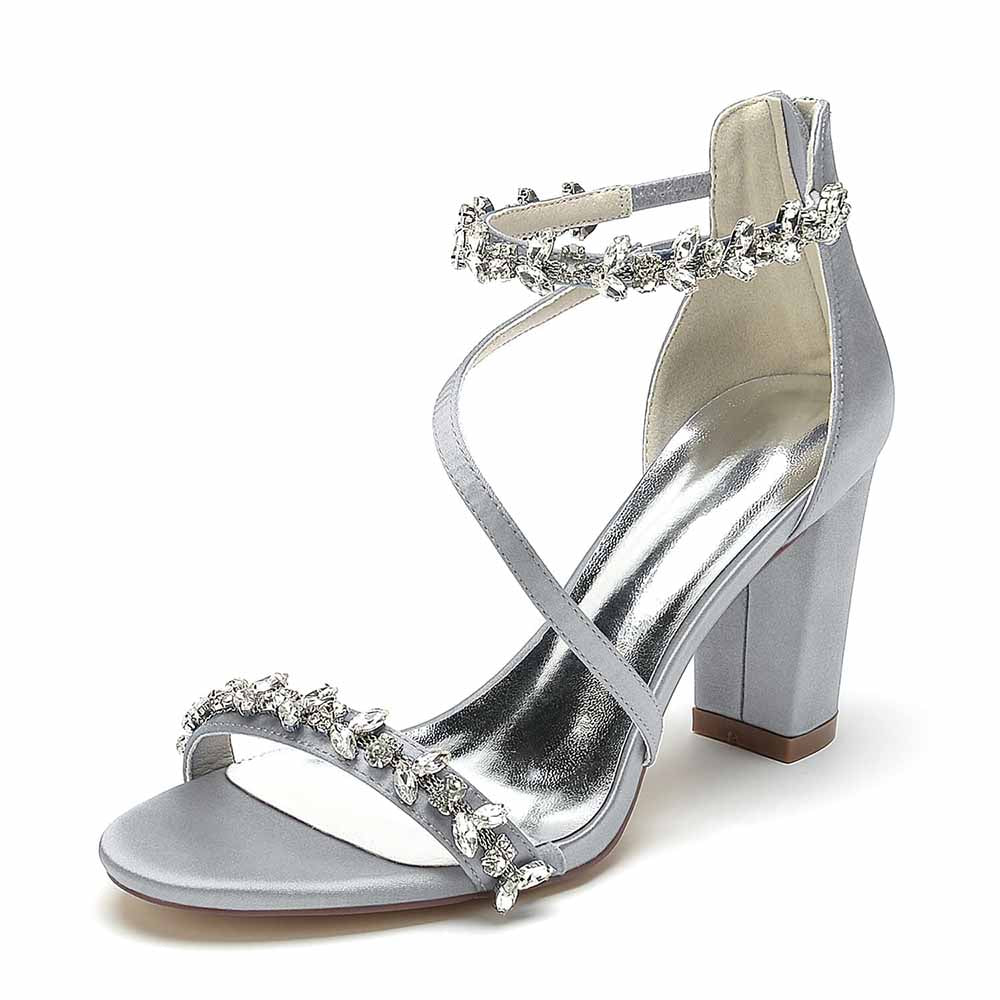 S&DCo. silver chunky heel sandals for event with sparkling strap details for stylish occasions