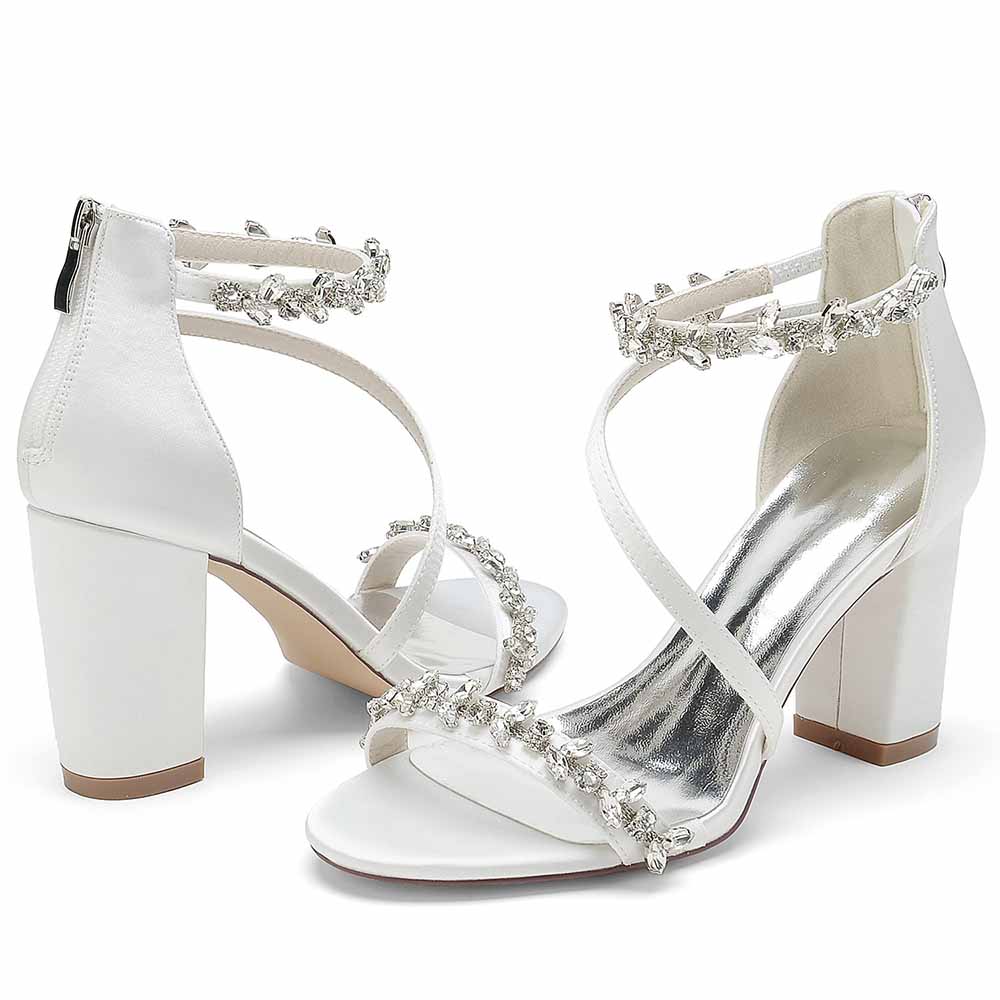 Stylish S&DCo. chunky heel sandals for event with embellished ankle straps in white