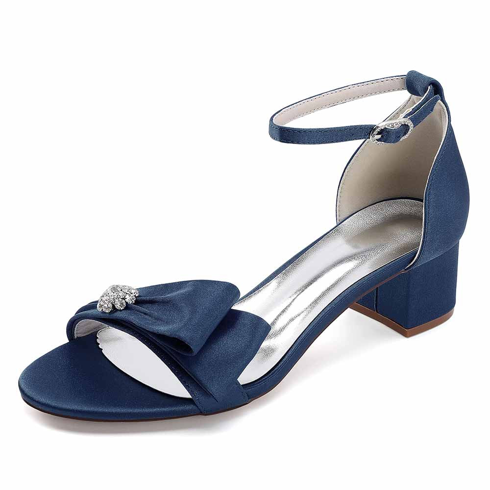Elegant navy chunky heel wedding sandals with bow detail and adjustable ankle strap