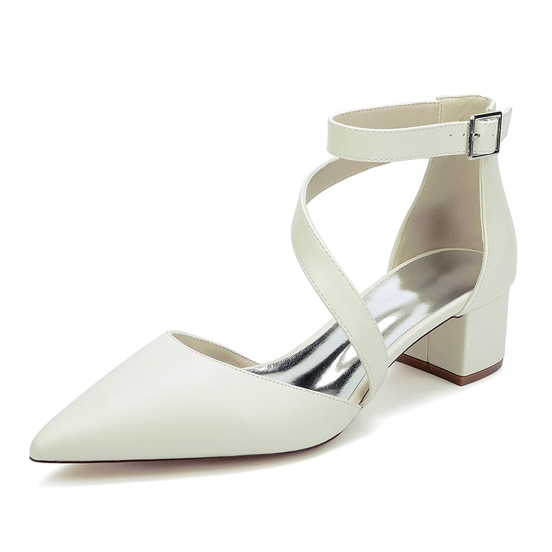 Elegant chunky heel wedding shoes in white with ankle straps and pointed toe design