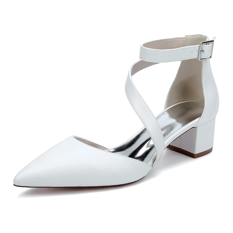 Elegant white chunky heel wedding shoes with ankle strap and pointed toe design