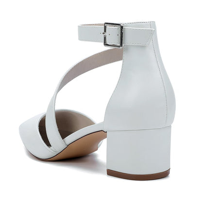 Elegant white chunky heel wedding shoes with ankle strap and stylish design for brides