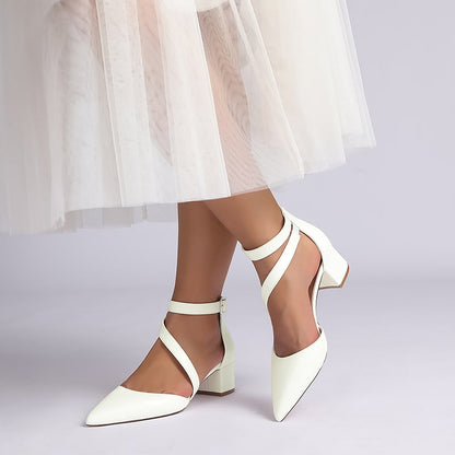 Elegant chunky heel wedding shoes in white with adjustable ankle straps for comfort and style
