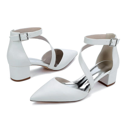 Elegant white chunky heel wedding shoes with ankle straps for stylish brides