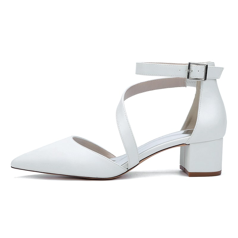 Stylish white chunky heel wedding shoes with ankle strap and pointed toe design for elegant bridal looks