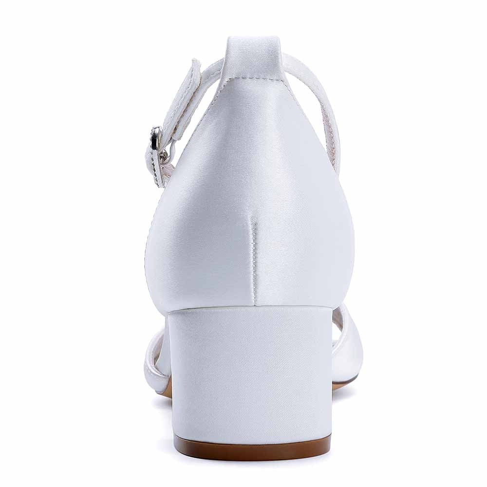Elegant white chunky heeled sandals for brides with ankle strap and cushioned support