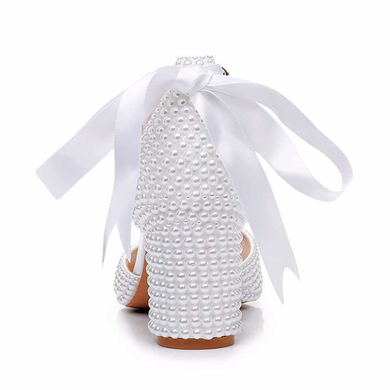 S&DCo. chunky lace up bridal shoes with pearl detailing and elegant satin ribbon ties