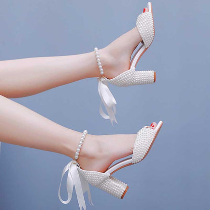 S&DCo. chunky lace up bridal shoes with pearl ankle straps and stylish chunky heels