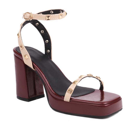 Women's Chunky Heel Sandals Square Toe Riveted Platform Heels