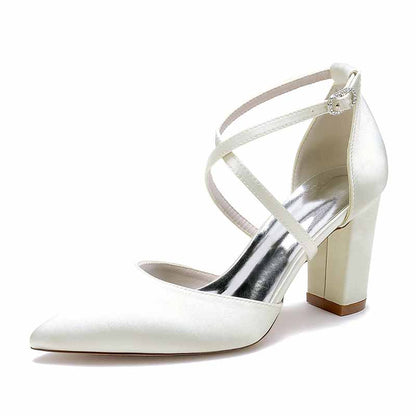Satin Cross Strap Chunky Heel Classics Wedding Shoes