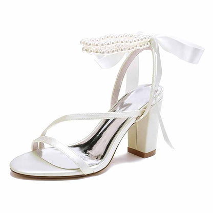 Women's Wedding Shoes Satin Block Heel Open Toe Wedding Sandals Bridal Shoes