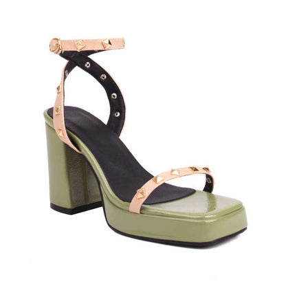 Women's Chunky Heel Sandals Square Toe Riveted Platform Heels