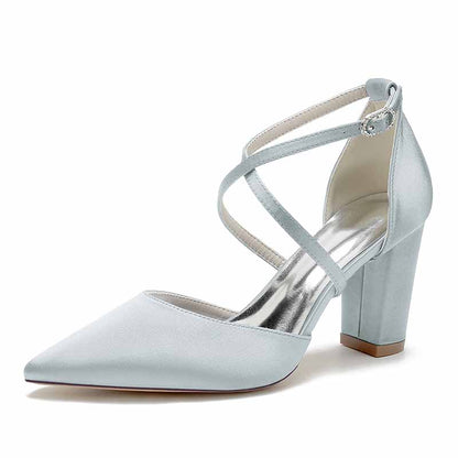 Satin Cross Strap Chunky Heel Classics Wedding Shoes