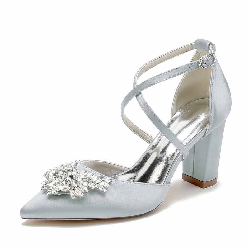 Women's Wedding Shoes Satin Block Heel Point Toe Wedding Heels Bridal Shoes Rhinestone Evening Shoes