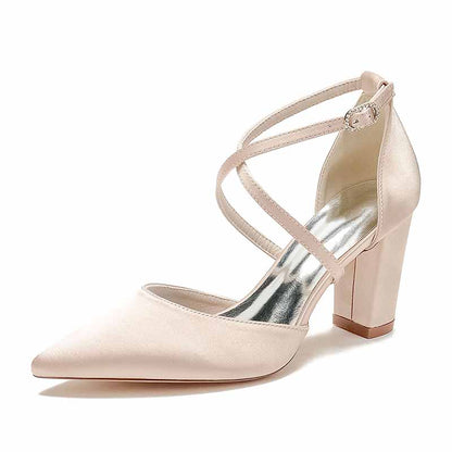 Satin Cross Strap Chunky Heel Classics Wedding Shoes