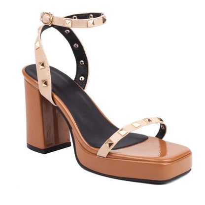 Women's Chunky Heel Sandals Square Toe Riveted Platform Heels