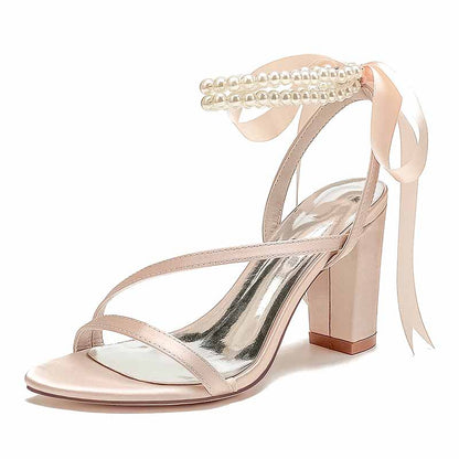 Women's Wedding Shoes Satin Block Heel Open Toe Wedding Sandals Bridal Shoes