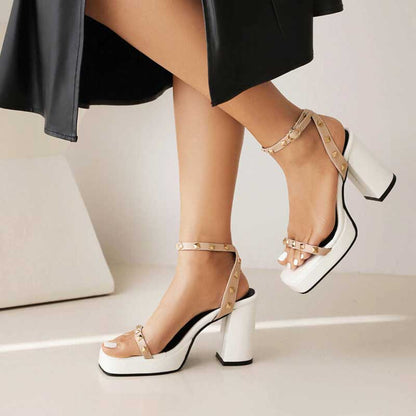 Women's Chunky Heel Sandals Square Toe Riveted Platform Heels