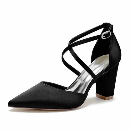 Satin Cross Strap Chunky Heel Classics Wedding Shoes