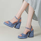 Women's Chunky Sandals Denim Open Toe Ankle Strap Heels