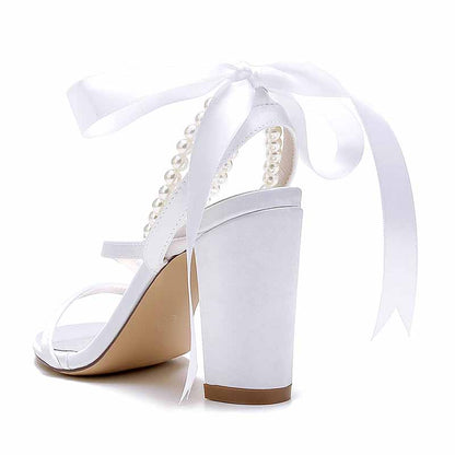 Women's Wedding Shoes Satin Block Heel Open Toe Wedding Sandals Bridal Shoes