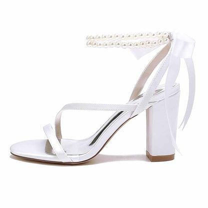 Women's Wedding Shoes Satin Block Heel Open Toe Wedding Sandals Bridal Shoes