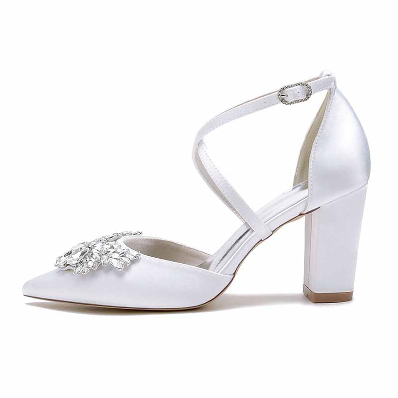 Women's Wedding Shoes Satin Block Heel Point Toe Wedding Heels Bridal Shoes Rhinestone Evening Shoes
