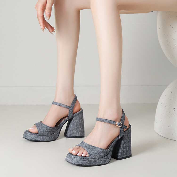 Women's Chunky Sandals Denim Open Toe Ankle Strap Heels