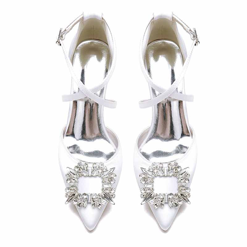 Women's Wedding Shoes Satin Block Heel Wedding Heels Bridal Shoes Rhinestone Party Shoes