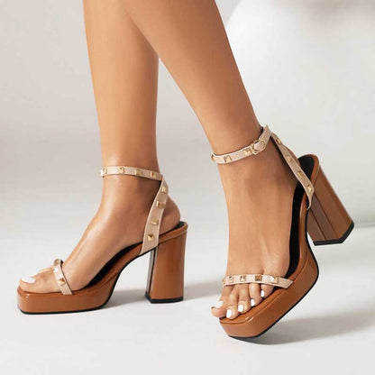 Women's Chunky Heel Sandals Square Toe Riveted Platform Heels