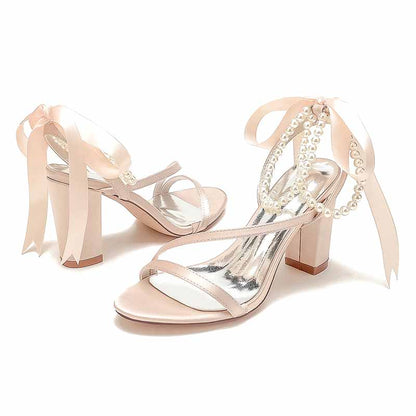 Women's Wedding Shoes Satin Block Heel Open Toe Wedding Sandals Bridal Shoes