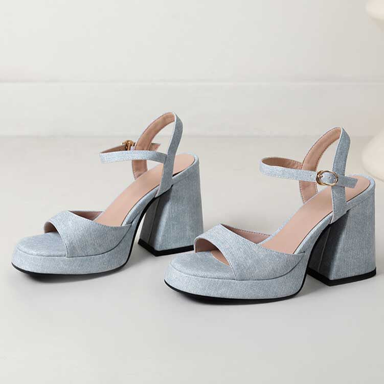 Women's Chunky Sandals Denim Open Toe Ankle Strap Heels