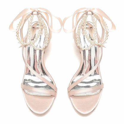 Women's Wedding Shoes Satin Block Heel Open Toe Wedding Sandals Bridal Shoes