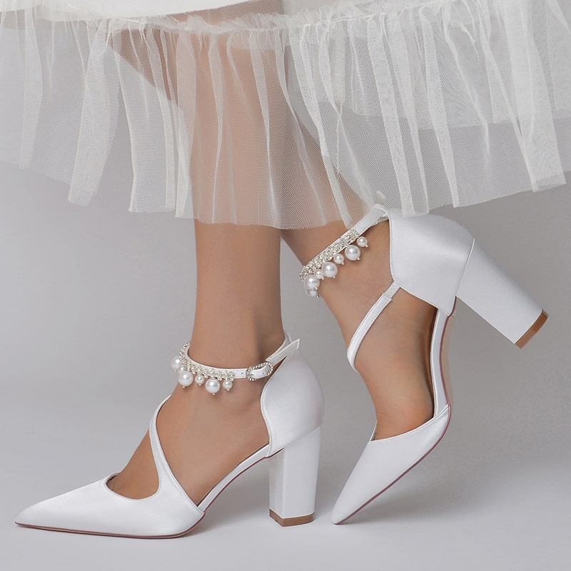 Women's Strappy Chunky Heels Closed Pointed Toe Satin Pump Heel Prom Sandals