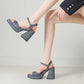 Women's Chunky Sandals Denim Open Toe Ankle Strap Heels