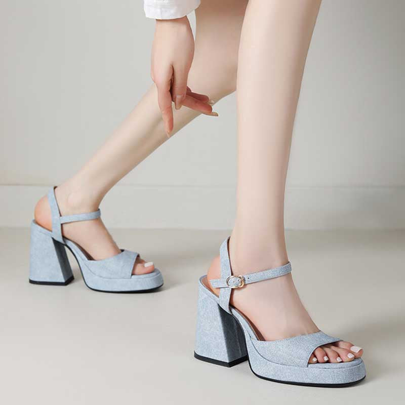 Women's Chunky Sandals Denim Open Toe Ankle Strap Heels