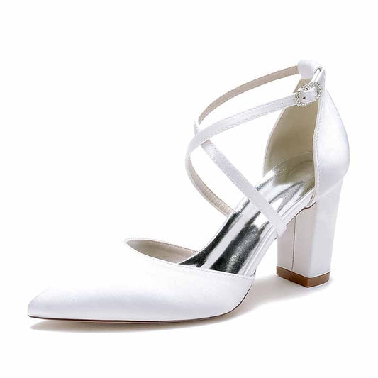 Satin Cross Strap Chunky Heel Classics Wedding Shoes