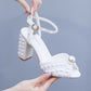 3.74" White Chunky Wedding Sandals Vintage Peep Toe Block Heeled Bridal Shoes