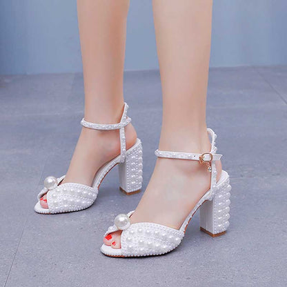 3.74" White Chunky Wedding Sandals Vintage Peep Toe Block Heeled Bridal Shoes