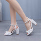 3.74" White Chunky Wedding Sandals Vintage Peep Toe Block Heeled Bridal Shoes