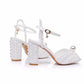 3.74" White Chunky Wedding Sandals Vintage Peep Toe Block Heeled Bridal Shoes