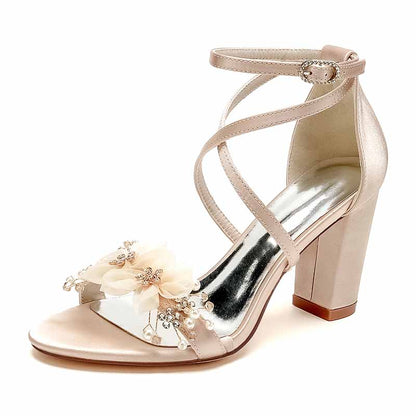 Women's Wedding Shoes Satin Block Heel Open Toe Wedding Sandals Bridal Shoes