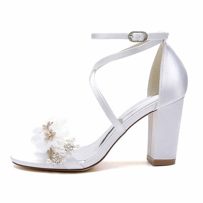 Women's Wedding Shoes Satin Block Heel Open Toe Wedding Sandals Bridal Shoes