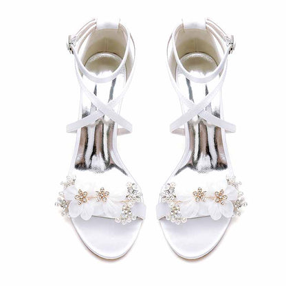 Women's Wedding Shoes Satin Block Heel Open Toe Wedding Sandals Bridal Shoes