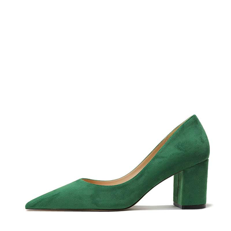 SD Dresscode classic block heels for women in green suede with a pointed toe design