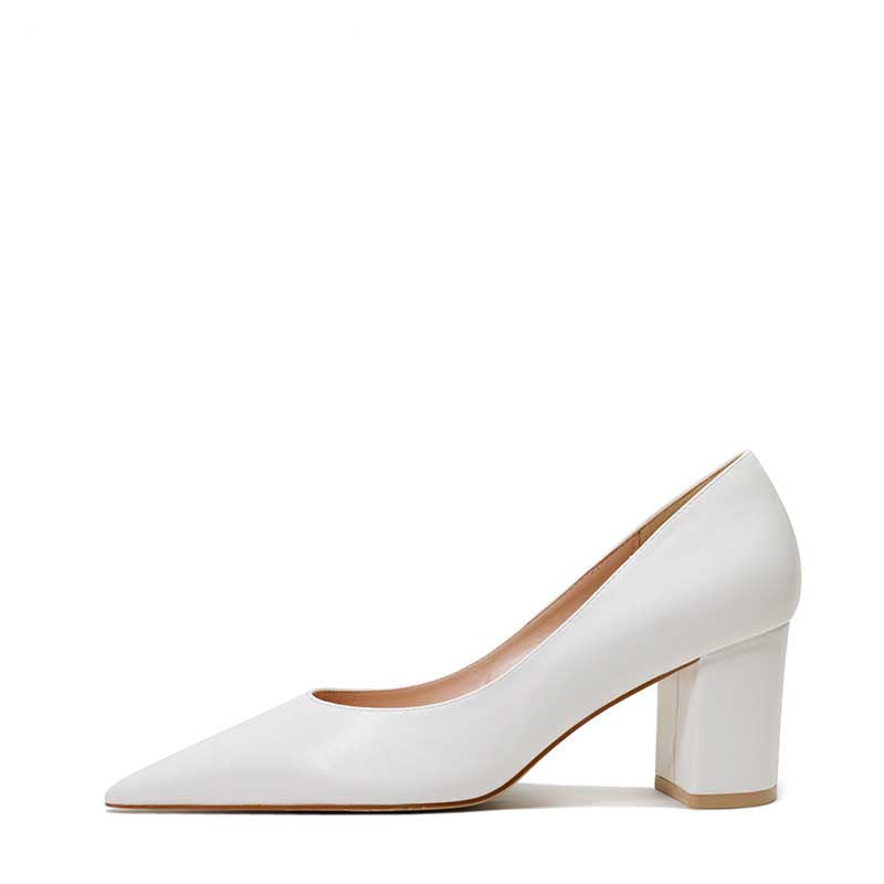 Elegant white classic block heels for women with a pointed toe design and sturdy block heel