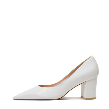 Elegant white classic block heels for women with a pointed toe design and sturdy block heel
