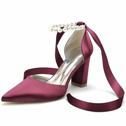 Burgundy closed toe lace up bridal shoes with satin finish and pearl detail for elegant weddings