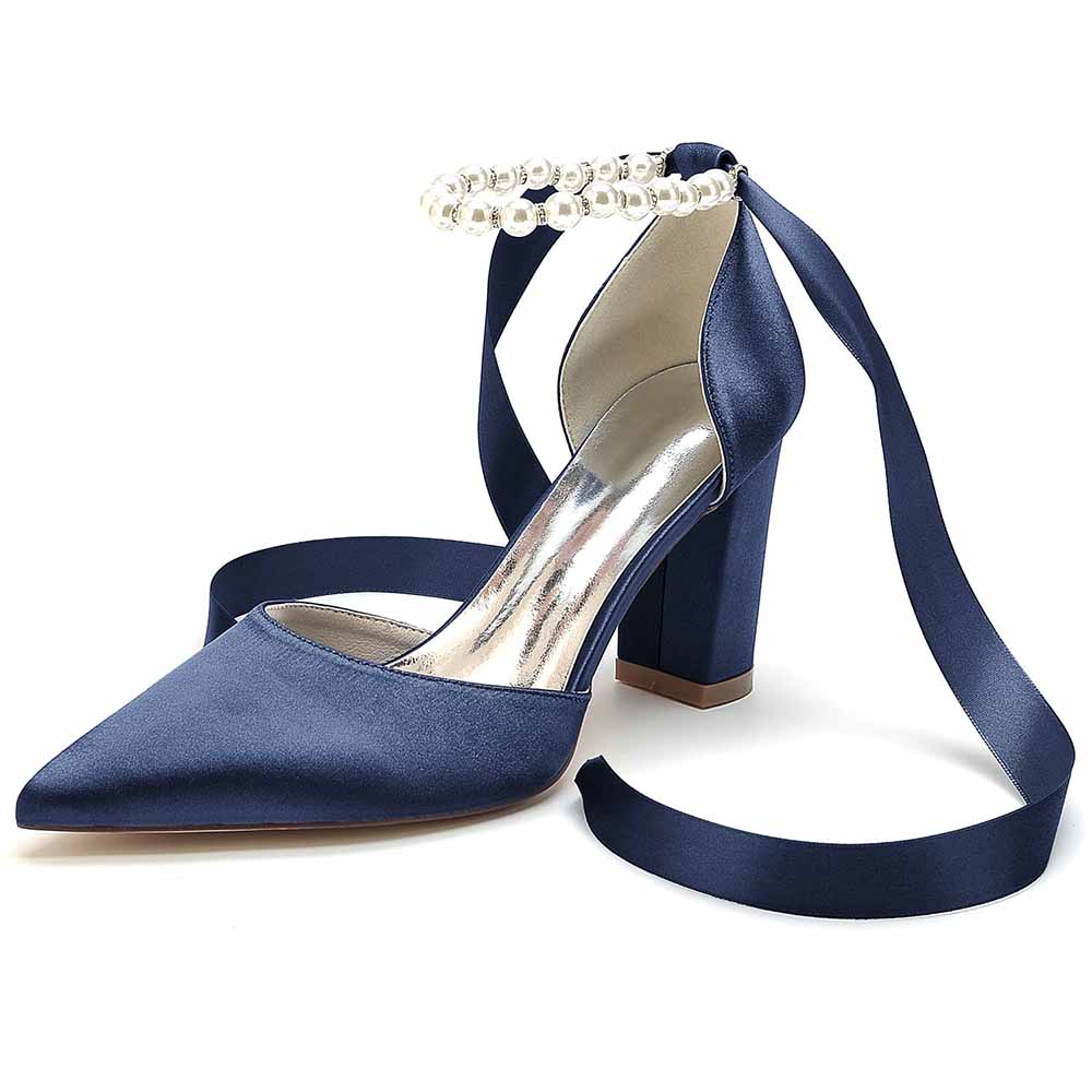 Navy satin closed toe lace up bridal shoes with elegant pearl detailing and a stylish block heel